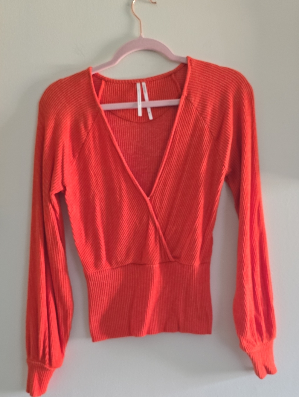 Anthropologie Coral Ribbed Wrap-Style Long Sleeve Top